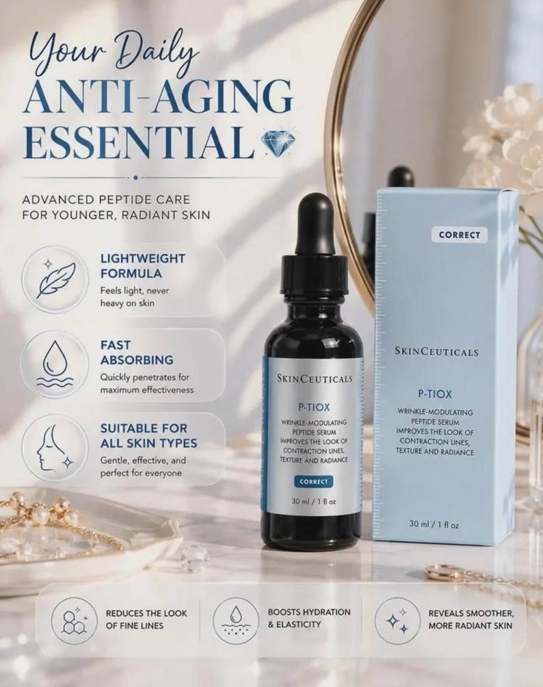 May include: A dark glass dropper bottle and a light blue box of SkinCeuticals P-TIOX wrinkle-modulating peptide serum. The packaging displays the text: Your Daily ANTI-AGING ESSENTIAL, 30 ml / 1 fl oz, and lists benefits like lightweight formula, fast absorbing, and all skin types.