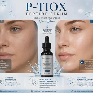 May include: A dark glass bottle of SkinCeuticals P-TIOX peptide serum with a black dropper cap. The label reads P-TIOX, WRINKLE-MODULATING PEPTIDE SERUM, 30 ml / 1 fl oz. The image displays before and after facial skin comparisons with text.