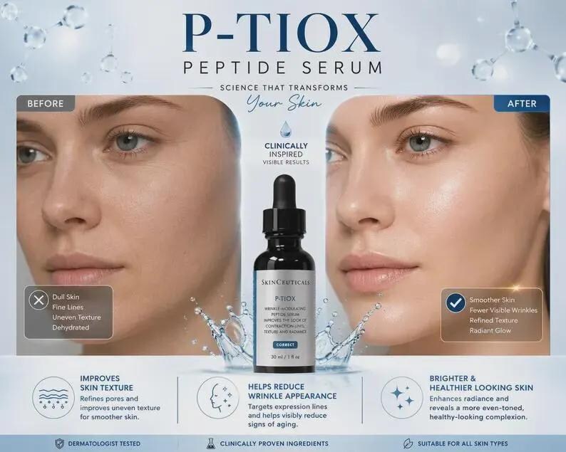 May include: A dark glass bottle of SkinCeuticals P-TIOX peptide serum with a black dropper cap. The label reads P-TIOX, WRINKLE-MODULATING PEPTIDE SERUM, 30 ml / 1 fl oz. The image displays before and after facial skin comparisons with text.