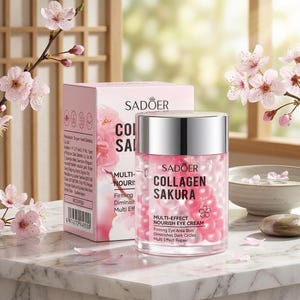 Puede incluir: Un tarro cilíndrico de crema para ojos Sadoer Collagen Sakura Multi-Effect Nourish con tapa plateada, lleno de perlas esféricas rosas y blancas. Al lado hay una caja rectangular rosa a juego con texto y un código de barras en el lateral.