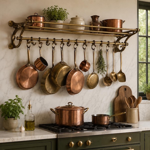 Antique Brass Pot Rail with Hanging Hooks – Wall Mounted Kitchen Rack Organizer, Pot & Pan Hanging Storage, Vintage Kitchen Utensil Rail