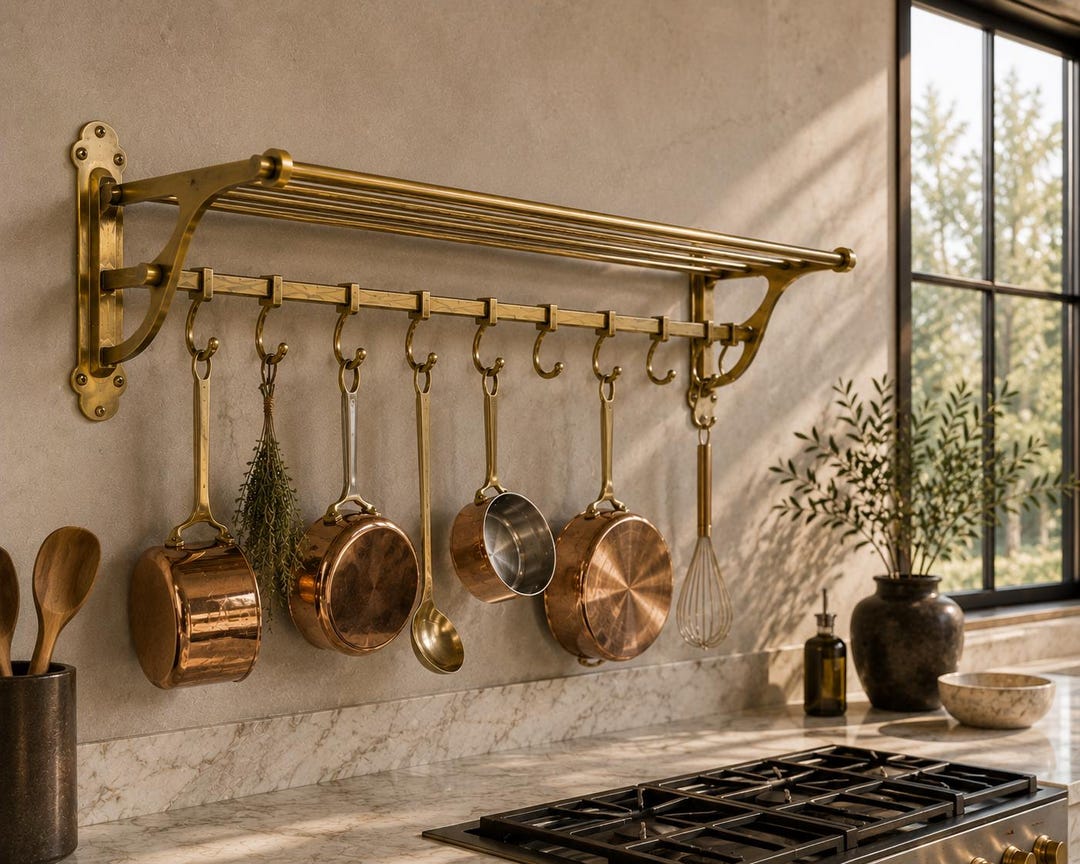 Antique Brass Pot Rail – Wall Mounted Kitchen Rack Organizer, French ...