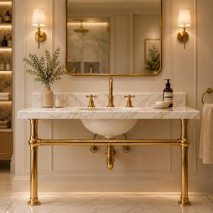 Puede incluir: Un mueble de baño de mármol blanco con estructura de tubería de metal dorado, lavabo de cerámica blanca y grifería dorada. Incluye un espejo rectangular, dos lámparas de pared doradas, una planta verde y un dispensador de jabón.