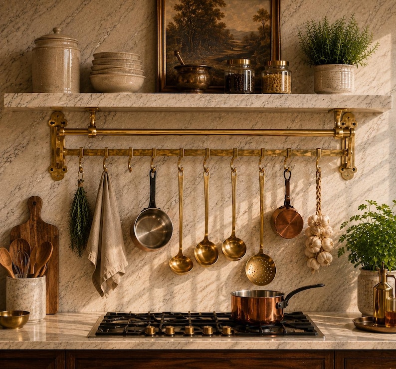 Antique Brass Pot Rail – Wall Mounted Kitchen Rack Organizer, French ...