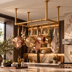 May include: A ceiling-mounted brass pot rack featuring a pipe-style frame with multiple S-hooks. Hanging from the hooks are various copper and brass-toned saucepans, a bundle of garlic, herbs, and a white and gray striped kitchen towel.