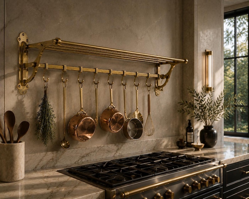 Antique Brass Pot Rail – Wall Mounted Kitchen Rack Organizer, French ...