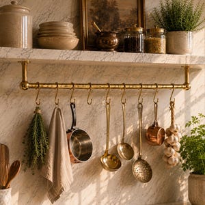 Antique Brass Pot Rack, Wall Mounted Kitchen Rail with S Hooks, Farmhouse Organizer