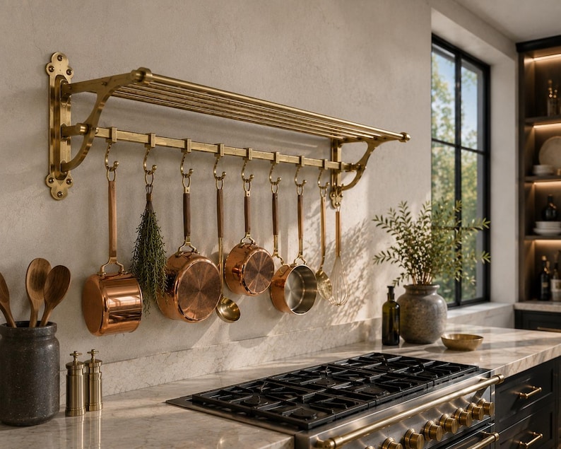 Antique Brass Pot Rail – Wall Mounted Kitchen Rack Organizer, French ...