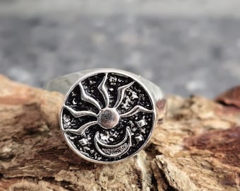 Sterling Silver Sun Moon Signet Ring, Oxidized Celestial Statement Jewelry