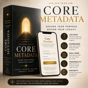 May include: A black rectangular box and a smartphone displaying the Core Metadata app. The box features a glowing archway and the text 300,000 YEAR SIM CORE METADATA. The phone screen shows input fields for birth date and name to reveal metadata.