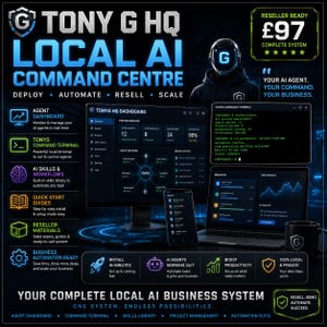 Puede incluir: Un gráfico de marketing digital para el centro de comando de IA local Tony G HQ que muestra un monitor de computadora, una computadora portátil y un teléfono inteligente con paneles de software y texto sobre las funciones del sistema.