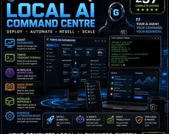 Puede incluir: Un gráfico de marketing digital para el centro de comando de IA local Tony G HQ que muestra un monitor de computadora, una computadora portátil y un teléfono inteligente con paneles de software y texto sobre las funciones del sistema.