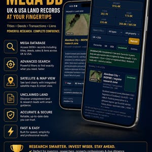 May include: A digital marketing graphic for Land Registry Mega DB, featuring two smartphones displaying land record interfaces. The text includes UK & USA Land Records at your fingertips, Mega Database, Advanced Search, Satellite & Map View, Unclaimed Land, Accurate & Secure, Fast & Easy, and Download Now.