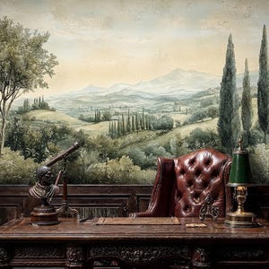 May include: A dark wooden desk features a leather tufted chair, a brass telescope on a stand, and a green banker lamp. The background is a wall mural depicting a rolling landscape with cypress trees, green hills, and distant mountains.