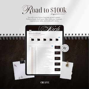 May include: A digital tablet displays a Notion business growth system titled Road to $100k. The screen shows folders and a task list. The tablet is placed on a dark textured surface with two white paper notes, one held by a black clip and one by a gold clip.