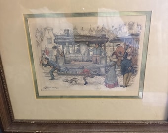 Vintage Anton Pieck stoomtramwagen uit 1966 met frame