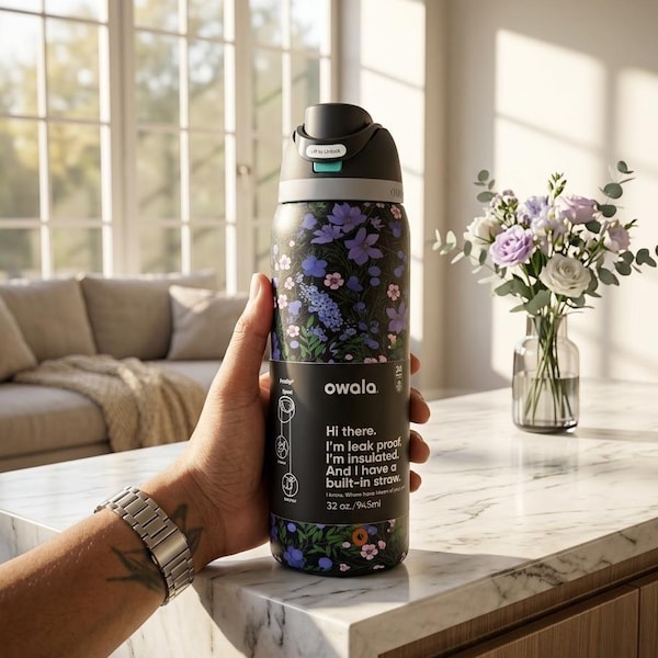 32oz Owala Water Bottle-Personalized with Black Floral  Design