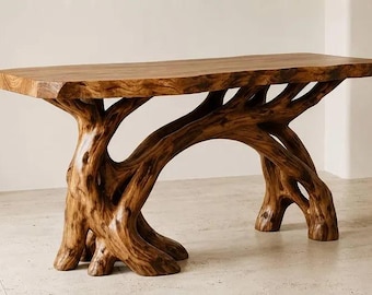 Handgemaakte sculpturale houten consoletafel, organische basis, rustieke moderne haltafel met live edge