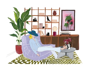 Tirage d'art illustration lifestyle et décoration contemporaine : scène de vie, repos, salon, objets iconiques.