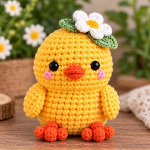 Może przedstawiać: Żółta szydełkowa maskotka kurczaczka amigurumi z jaskrawopomarańczowym dziobem i łapkami, czarnymi oczkami z koralików oraz różowymi wyszywanymi policzkami. Biały kwiatek z żółtym środkiem i dwoma zielonymi listkami jest przymocowany do głowy.