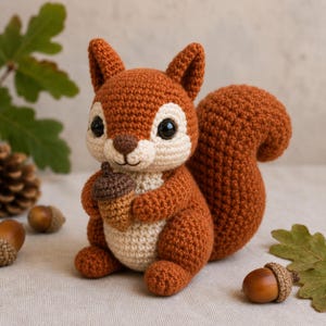May include: A crocheted squirrel figurine made with rust-orange and cream-coloured yarn. The squirrel has large black safety eyes, a small brown nose, and is holding a small crocheted acorn with a dark brown cap and a light brown base.