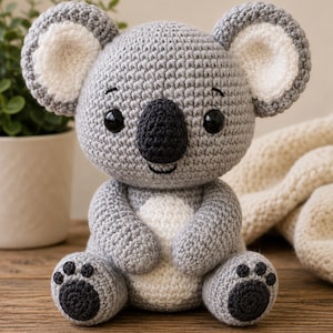 May include: A crocheted koala toy featuring a round gray head with large, rounded ears that have white centers. The koala has a large black nose, black eyes, and a white belly patch. Its gray feet have dark gray circular pads with small black toes.