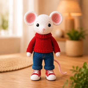 Puede incluir: Un muñeco de ratón tejido a ganchillo con pelaje blanco, orejas grandes con centros rosados y ojos negros. El ratón viste un suéter rojo de punto, pantalones azules con dobladillo y zapatillas rojas y blancas. Una larga cola rosa sobresale.
