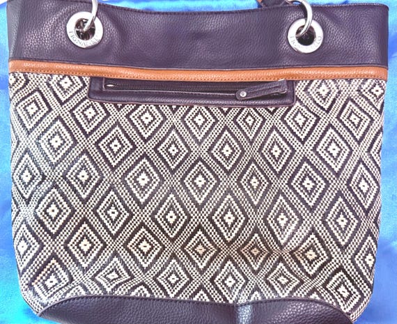 Tignanello Woven Shoulder Bag, Navy, Brown & Cream Geometric Pattern