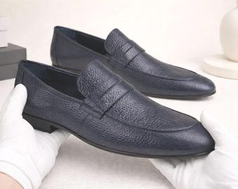 Premium Navy Leather Penny Loafers for Men – Elegant Slip-On Office & Wedding Shoes