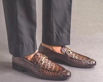 Men's Brown Crocodile Embossed Leather Loafers, Luxury Slip-On Dress Shoes, Handmade Formal Wedding Shoes, Business Penny Loafers