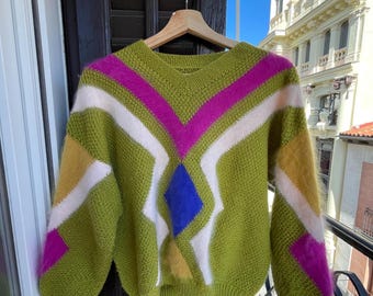 vintage wool green multi-print sweater