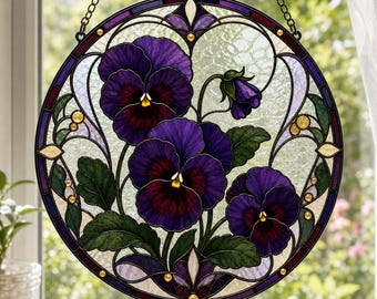 Stiefmütterchen-Granat-Sonnenfänger, Fensterhänger im Buntglas-Stil, Erinnerungsgeschenk für den Garten für sie