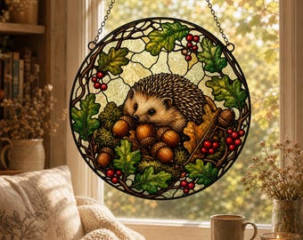 Egel-eikel raamhanger, glas-in-loodstijl raamdecoratie, gezellig bosachtig cadeau voor haar