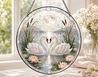 Zwaanpaar glas-in-loodstijl zonnevanger, UV-geprint rond raam hangend decor, cadeau zwaanpaar