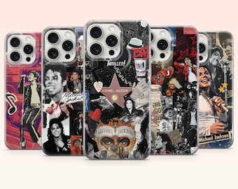 May include: Five clear phone cases featuring collage designs of Michael Jackson. The designs include black and white and color photographs of the artist, the text "Thriller", "Michael Jackson", musical notes, stars, hearts, and a fedora hat.