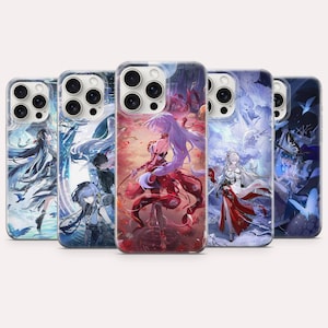 May include: Five clear smartphone cases arranged in a row, each featuring a distinct anime-style illustration. The designs showcase characters with long flowing hair in vibrant color palettes of red, blue, and white, set against detailed fantasy backgrounds.
