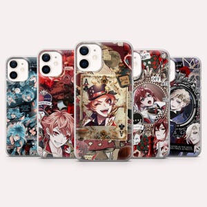 May include: Five clear smartphone cases featuring collage-style anime character illustrations. The designs include playing cards, red roses, mushrooms, and text elements like Drink Me, Off With Her Head, and Clever as the Devil and Twice as Pretty.