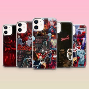 Könnte beinhalten: Fünf Smartphone-Hüllen mit Grafiken und Logos der Charaktere aus Devil May Cry. Die Designs umfassen rot-schwarze Farbschemata, collagenartige Charakterillustrationen und den auf die Oberflächen der Schutzhüllen gedruckten Text Devil May Cry.