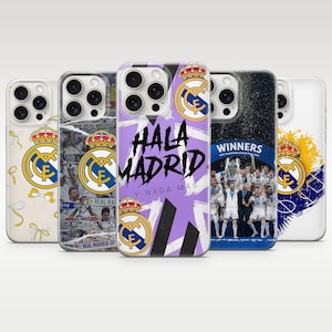 May include: Five smartphone cases featuring Real Madrid CF branding. Designs include the club crest, a collage of players, the text HALA MADRID Y NADA M&Aacute;S, a team celebration photo with the text WINNERS, and a yellow and blue graphic pattern.