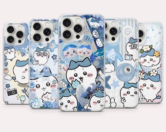 May include: Five smartphone cases arranged in a row, each featuring a light blue color palette and various cartoon character illustrations. The designs include small white creatures with blue headwear, stars, flowers, and cameras, all set against a light blue background.