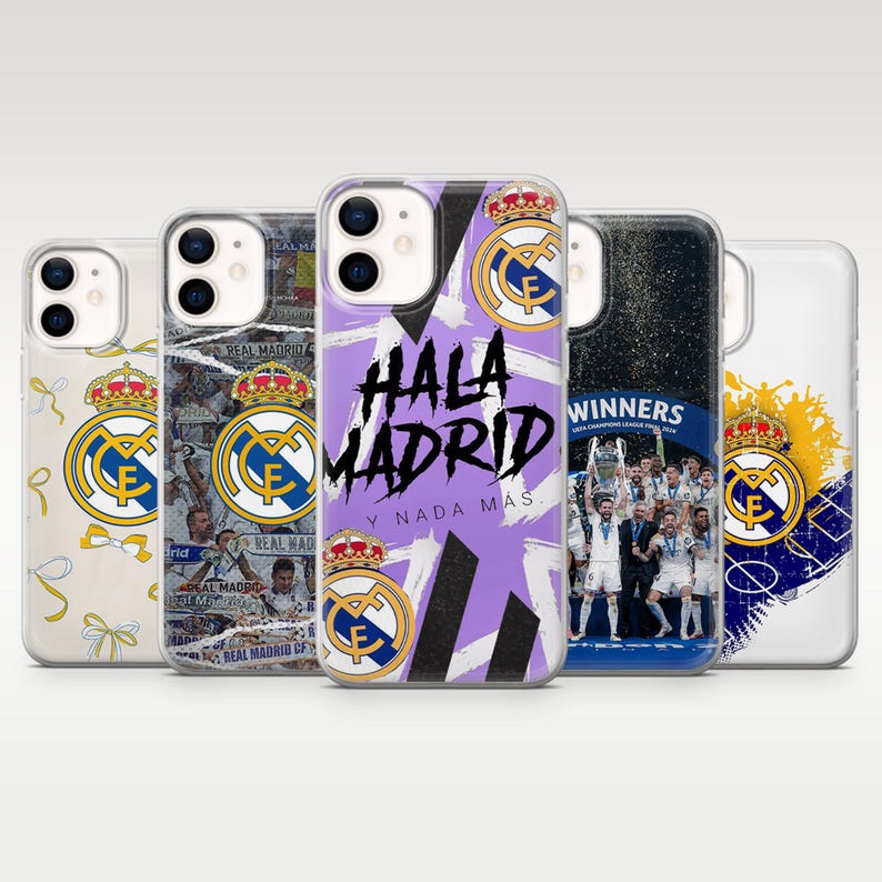 May include: Five clear phone cases featuring Real Madrid designs. One has yellow bows and the club crest, one has a collage of players, one is purple with the text HALA MADRID Y NADA M&Aacute;S, one shows a team celebration, and one has a blue and yellow splash.