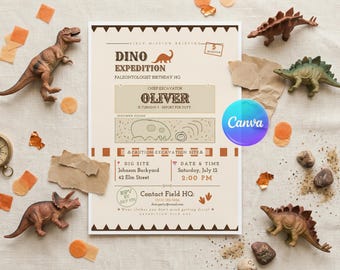 Inbjudan till födelsedag för dinosaurieexpedition, mall för paleontologfest (digital nedladdning)