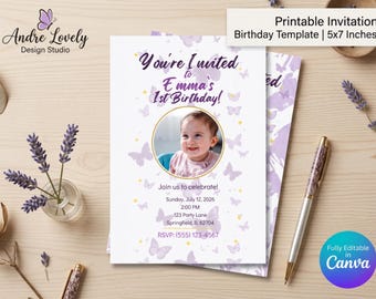 Mall för inbjudan till 1-årsdag med lila fjäril: Canva-inbjudan med fotoflicka (digital nedladdning)