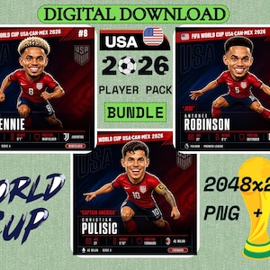 Pode incluir: Um pacote de download digital com três cartões de jogadores de futebol em estilo caricatura para a Copa do Mundo da FIFA 2026 USA-CAN-MEX. Os cartões mostram Weston McKennie, Antonee Robinson e Christian Pulisic com estatísticas e logotipos.