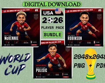 USMNT VM 2026 spelarkarikatyrklistermärken paket (PNG PDF)