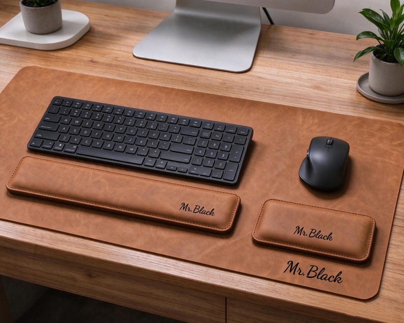 Personalized Leather Desk Mat Set With Wrist Rest, Custom Engraved 3pc ...