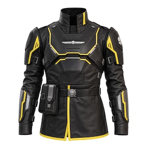 Peut inclure: Une veste noire avec des accents jaunes, dotée d'épaulettes structurées, d'un col montant et d'une ceinture avec un emblème de crâne central. La poitrine affiche un insigne de crâne ailé argenté et une petite pochette est fixée à la ceinture.