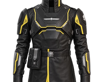 Giacca ispirata a Helldiver B-02, armatura tattica in pelle nera e gialla, costume cosplay, giacca da motociclista per videogiochi, costume militare fantascientifico per Halloween.