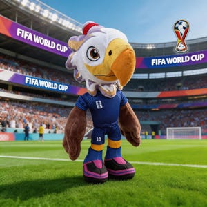 Könnte beinhalten: Ein Adler-Maskottchen-Plüschtier in einem blauen Fußballtrikot mit der Nummer 10, braunen Flügeln sowie schwarz-pinken Schuhen. Die Figur steht auf einem grünen Spielfeld vor einer Stadionkulisse mit dem Schriftzug FIFA WORLD CUP.