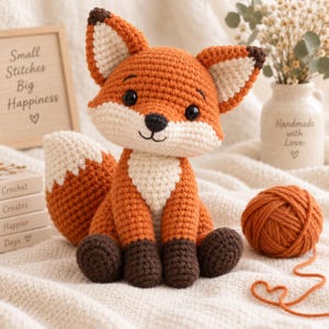 May include: A crocheted fox plush toy with orange, white, and dark brown yarn. The fox has black safety eyes, a stitched nose, and a large bushy tail. Beside it sits a ball of orange yarn and wooden signs with the text Small Stitches Big Happiness.